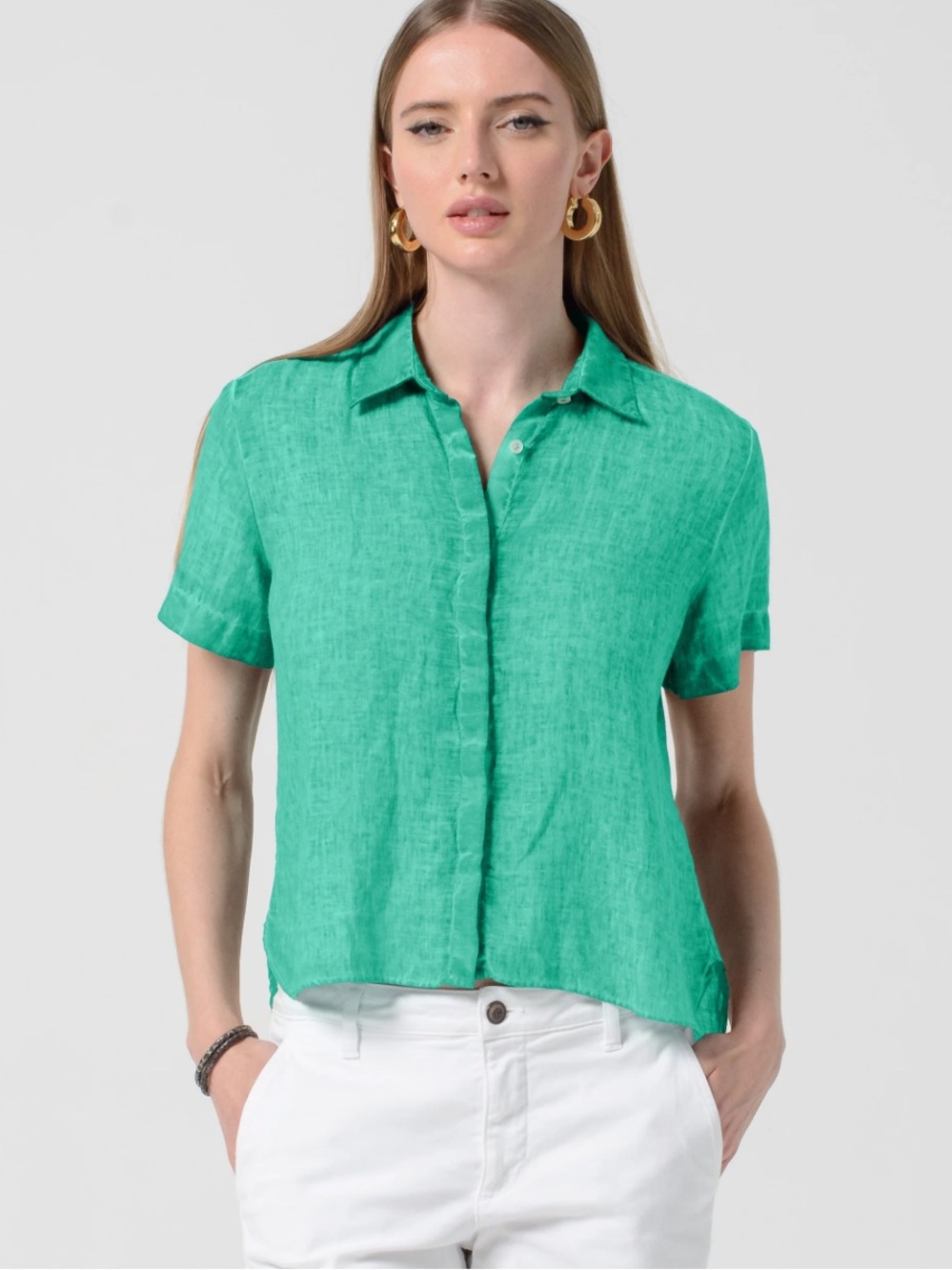Princess Polly Short-Sleeve Rayon/ Linen Button-Down in Teal Green
